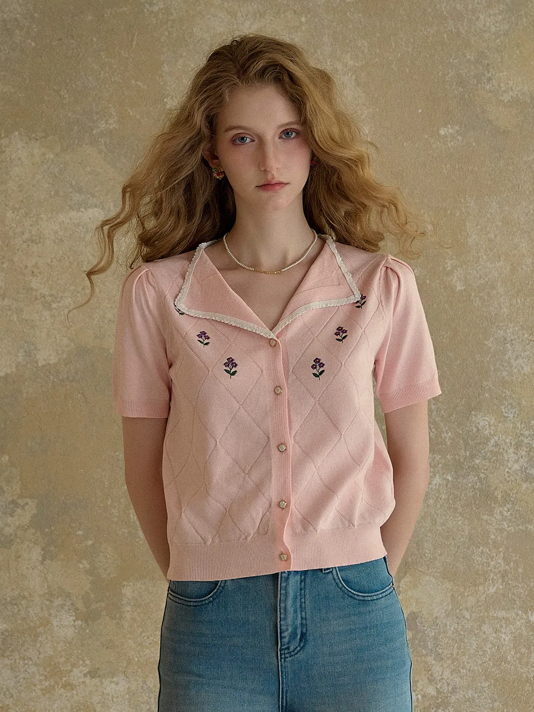 ??Final Sale??Naomi V-Neck Embroidery Knit Blouse Casual Wear AntiOdorTreatment