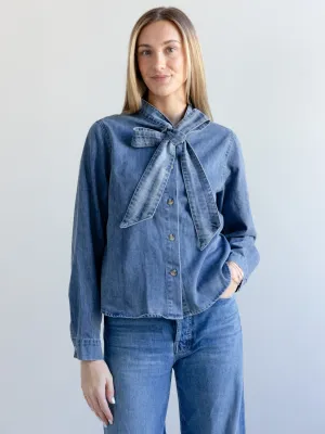 Button Down Collar Style Daphne Denim Bow Blouse