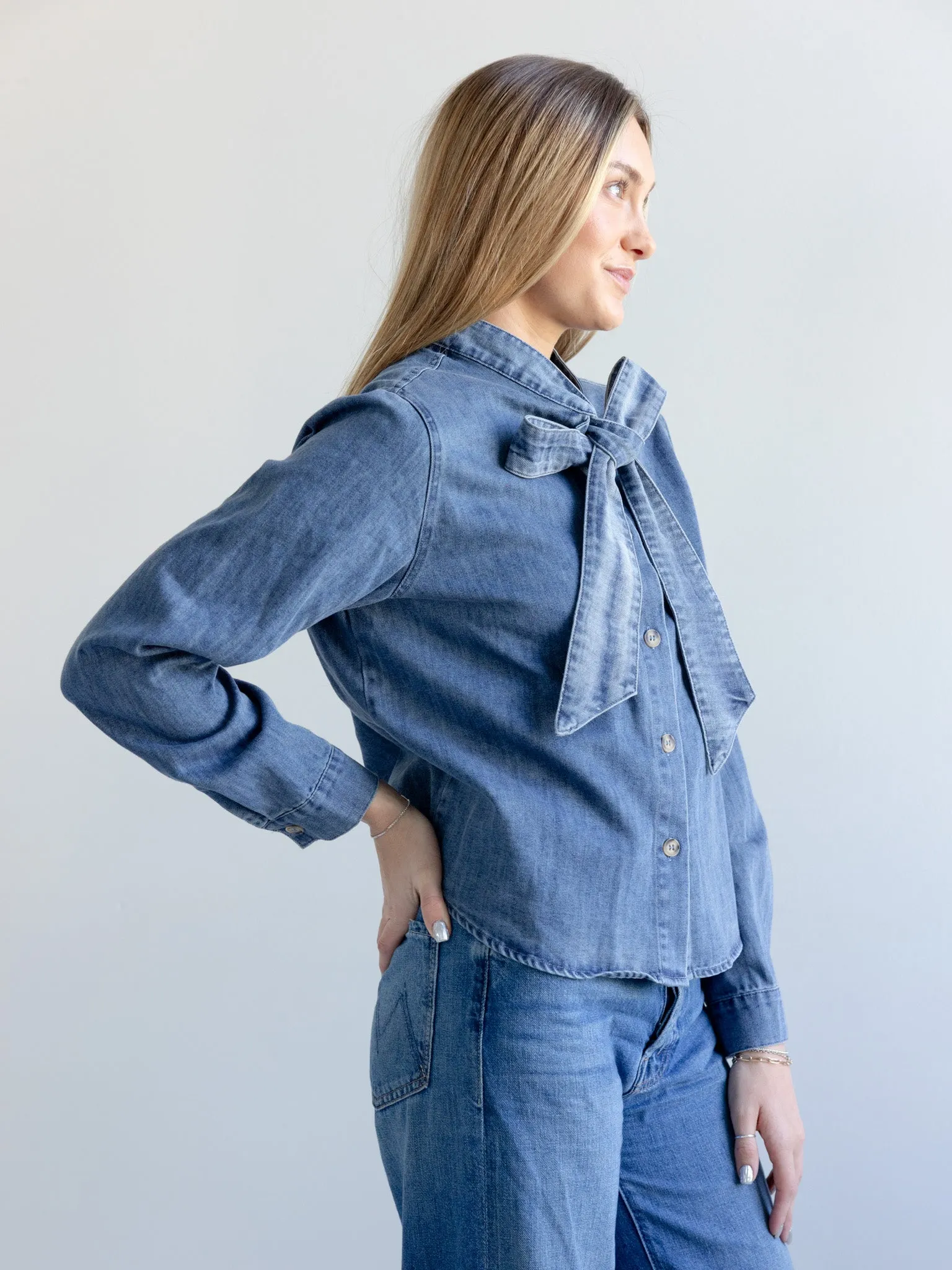 DoubleStitching AdjustableClosure Daphne Denim Bow Blouse