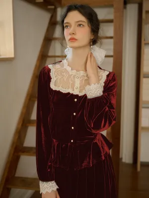 ??Final Sale??Cynthia Elegant French Style Contrasting Lace Lapel Cuffs Lace Splicing Velvet Blouse - Red AdaptiveFitFabric