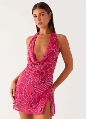 Cinzia Beaded Mini Dress - Fuchsia Clean Cut