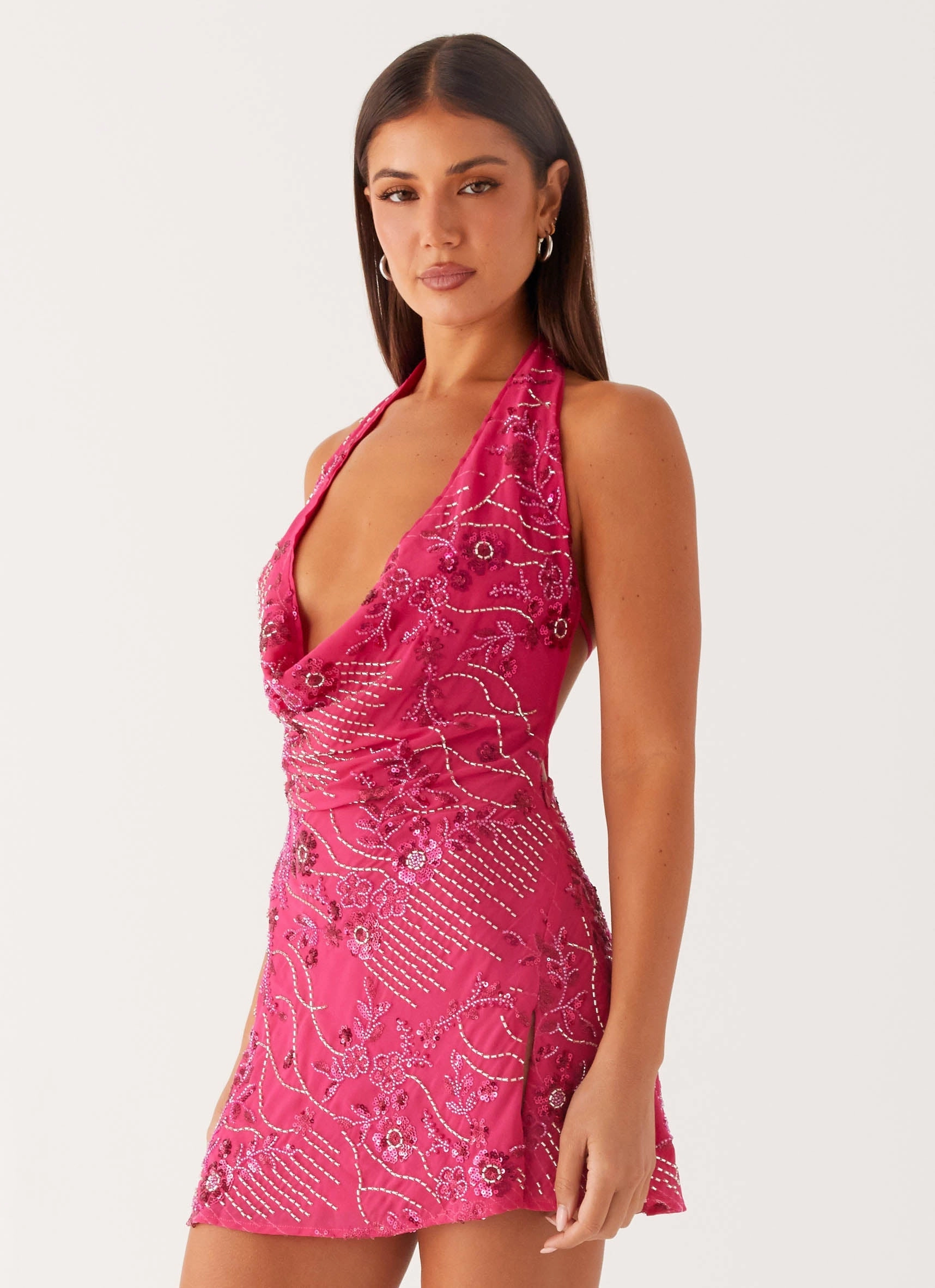Cinzia Beaded Mini Dress - Fuchsia A line Creative Fashion