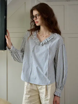 Amalia Trimmed Lace-up V-neck Striped Trimmed Sleeves Blouse NonSlip Grip Tape