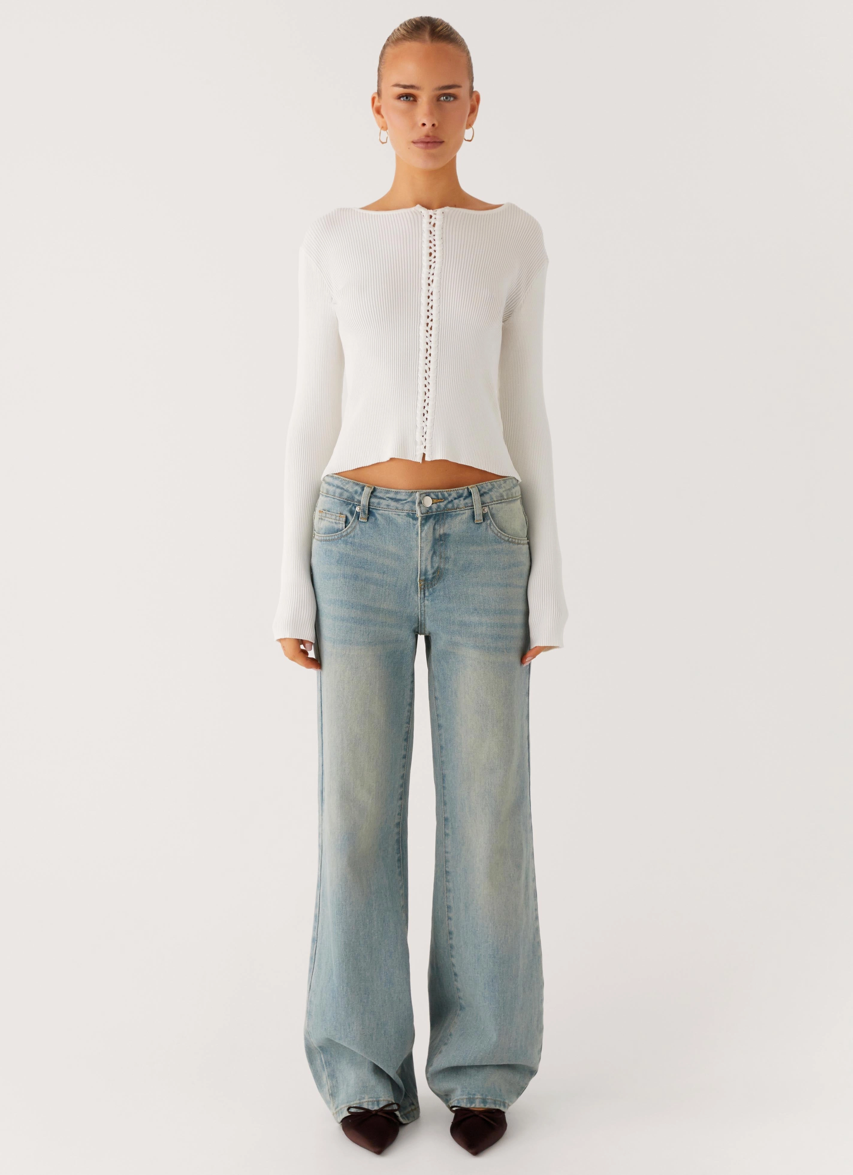 Wonderwall Lace Up Long Sleeve Top - White NonRestrictive SoftFeel Fabric