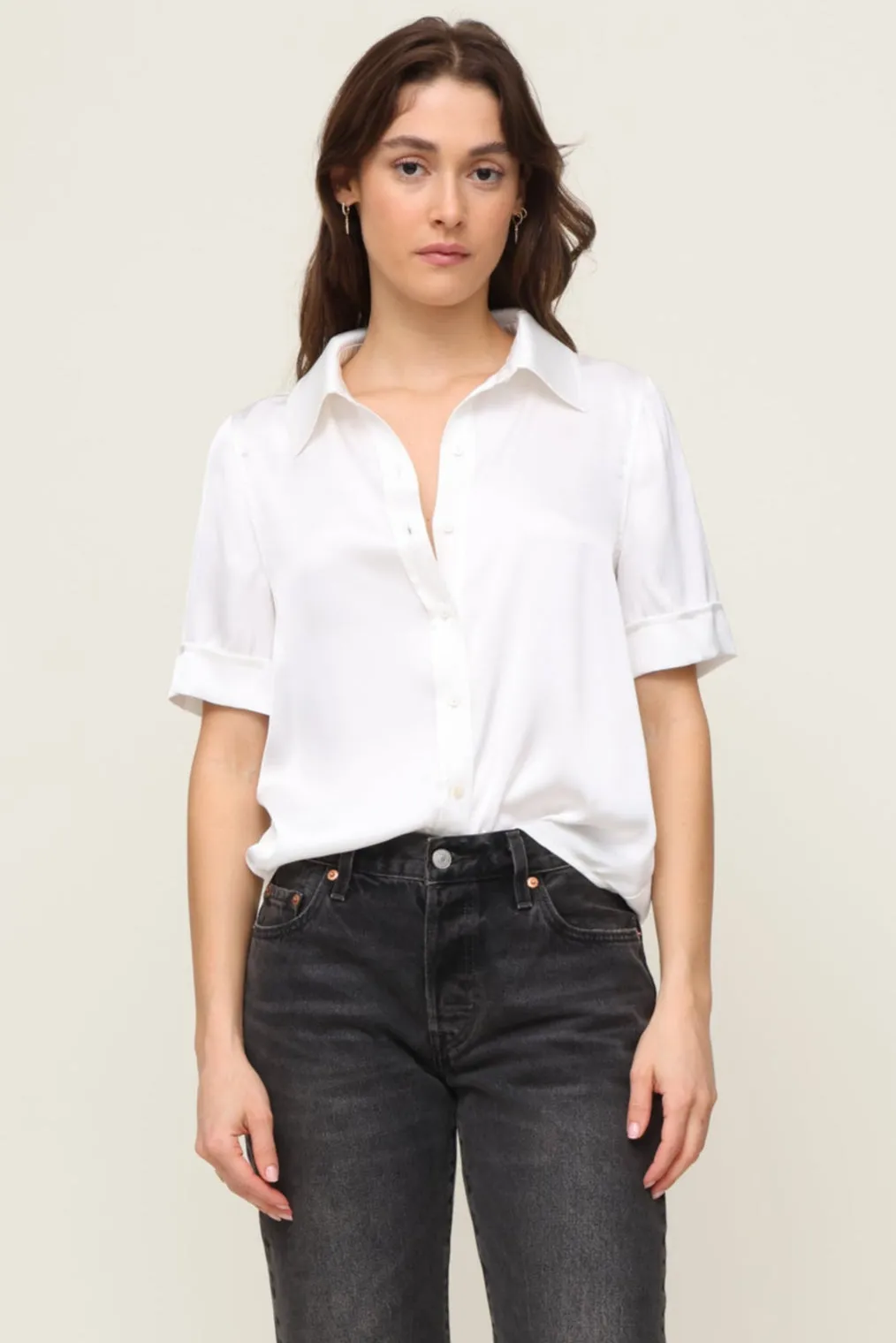 Stylish Tank Sandwich Mesh Panel Structure Short Sleeve Satin Shirt