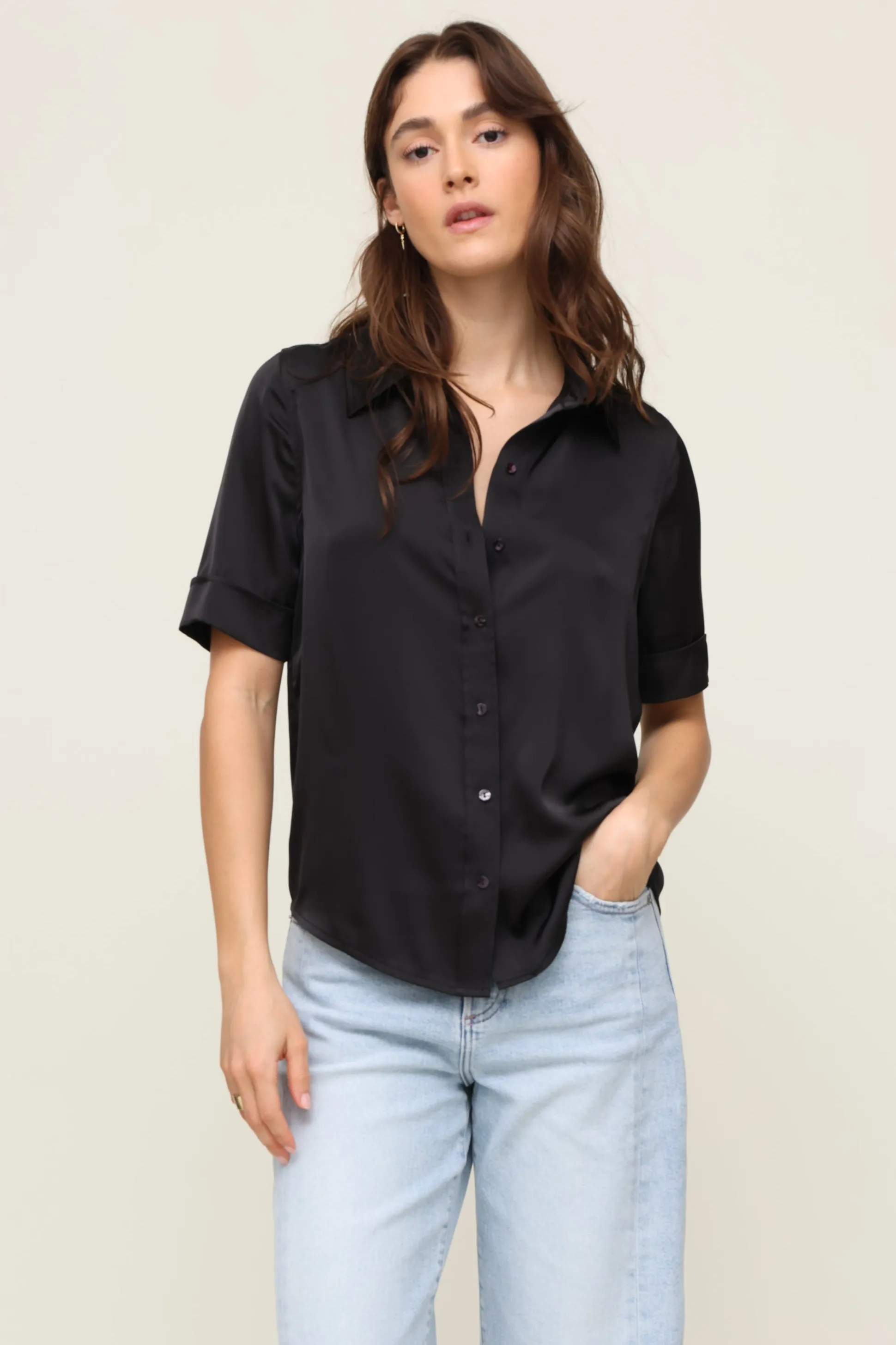 Short Sleeve Satin Shirt Linen Blend Fabric OdorResistant Fabric