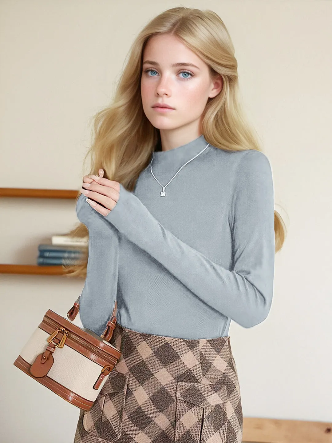 Emberlynn Simple Slim Fit Mock Neck Sweater Layered Hem Reinforcement