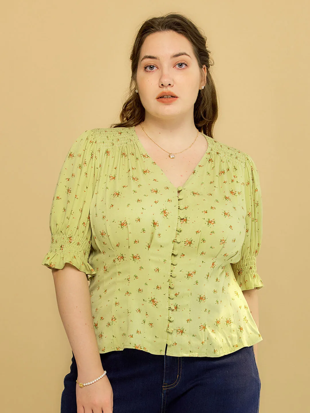 ??Final Sale??Plus Size Rosalina V-Neck Puff Sleeve Shirt High Neck Design