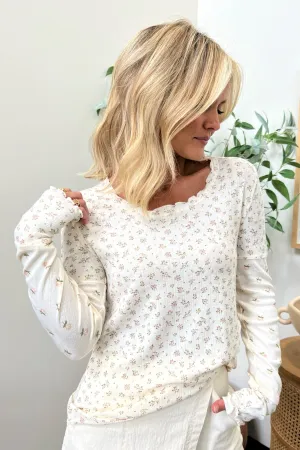 BreathableMeshPanel HeatSealed Seams Ivory Bloom Lettuce Hem Fitted Knit Top