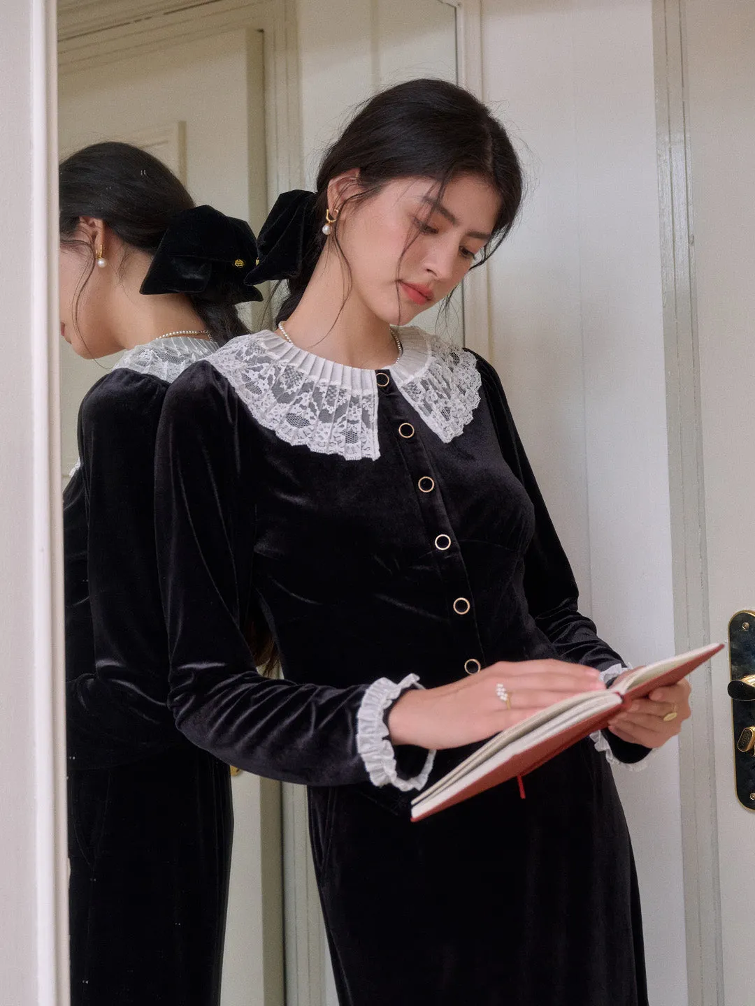Matilda V-Neck Velvet Lace Blouse HiddenPocket DropShoulder