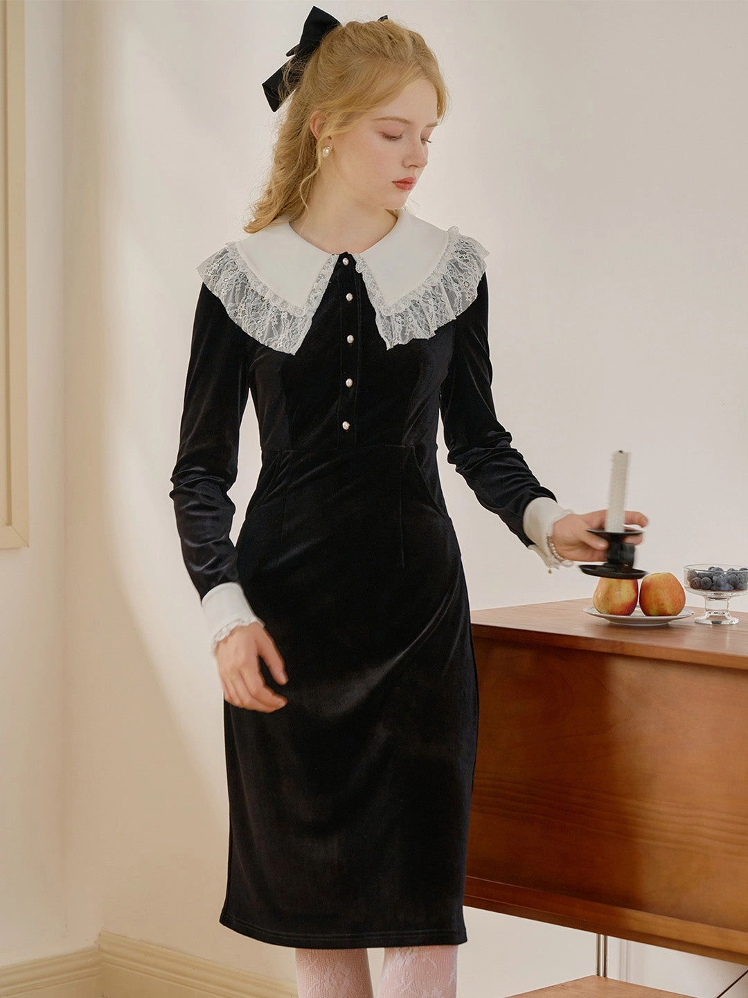 Modular Pocket Layout Eden Contrast Collar Button Front Velvet Dress Flexible Knit Pattern