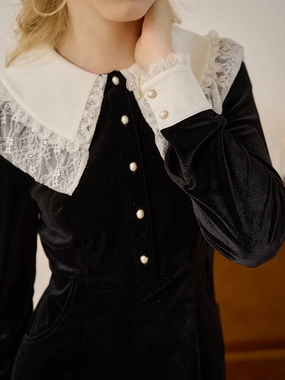 Drop Shoulder Cut Eden Contrast Collar Button Front Velvet Dress Flexible Knit Pattern