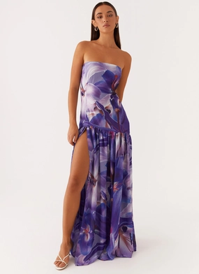 Side-Slit Eden Strapless Maxi Dress - Purple White Lilly