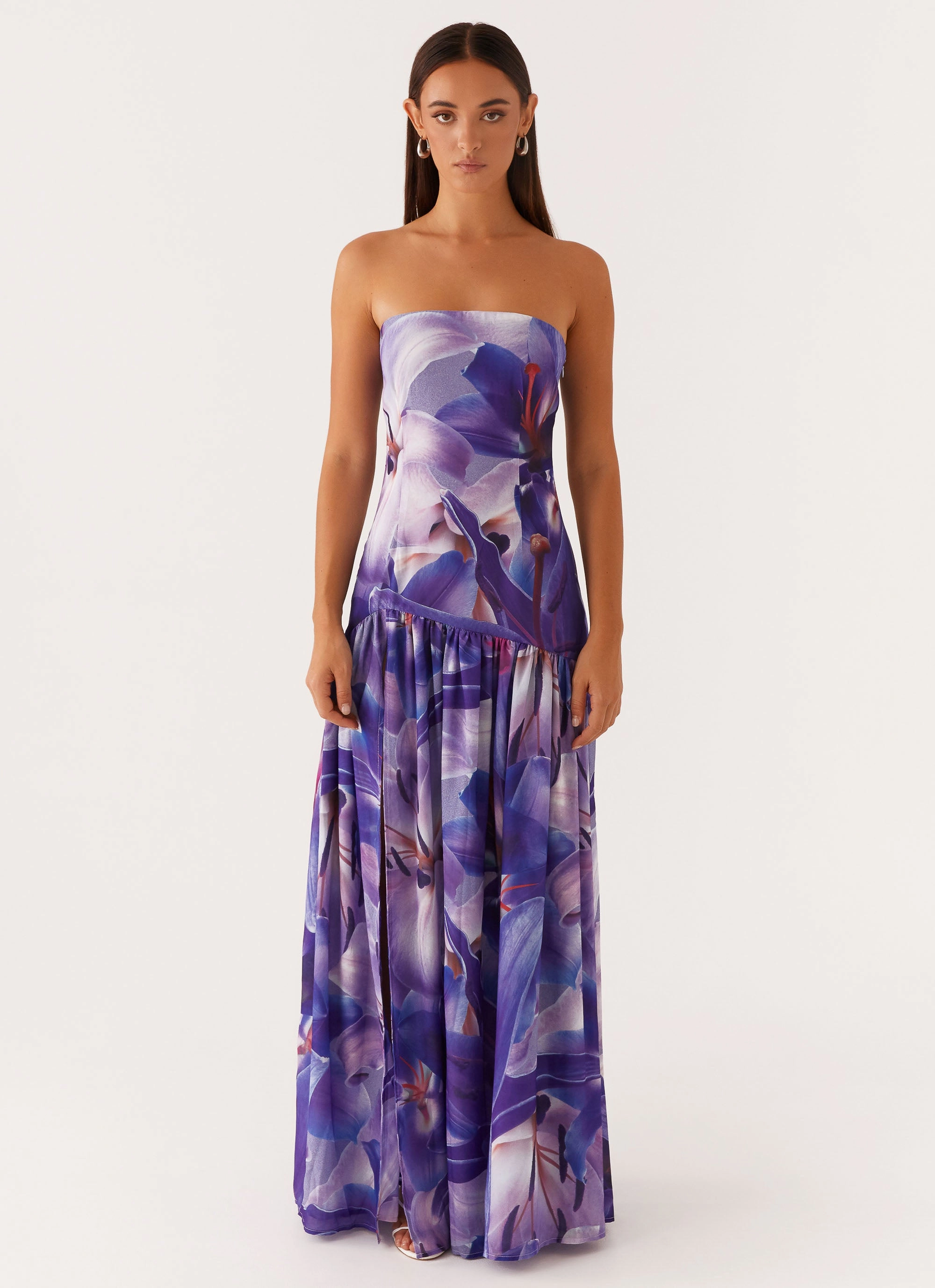 Eden Strapless Maxi Dress - Purple White Lilly Comfortable Layering Romantic Vibes