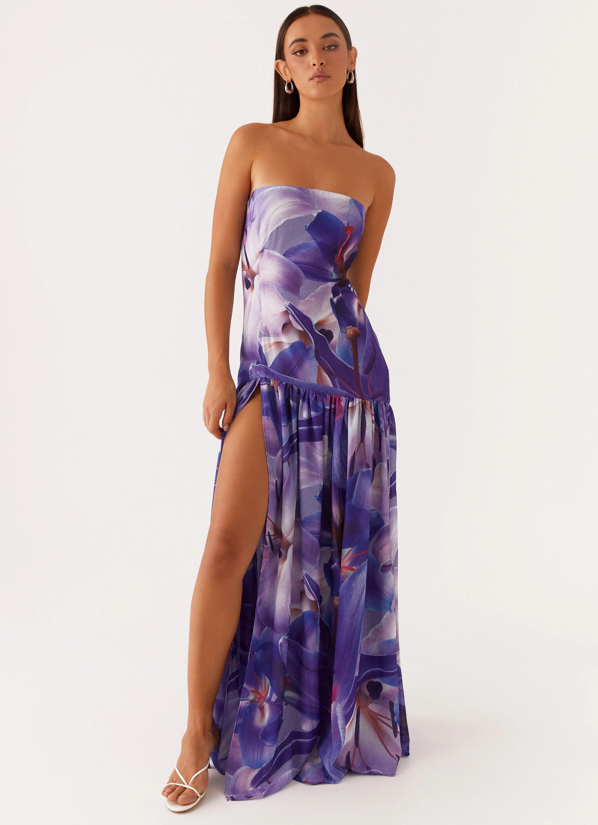 Side-Slit Eden Strapless Maxi Dress - Purple White Lilly