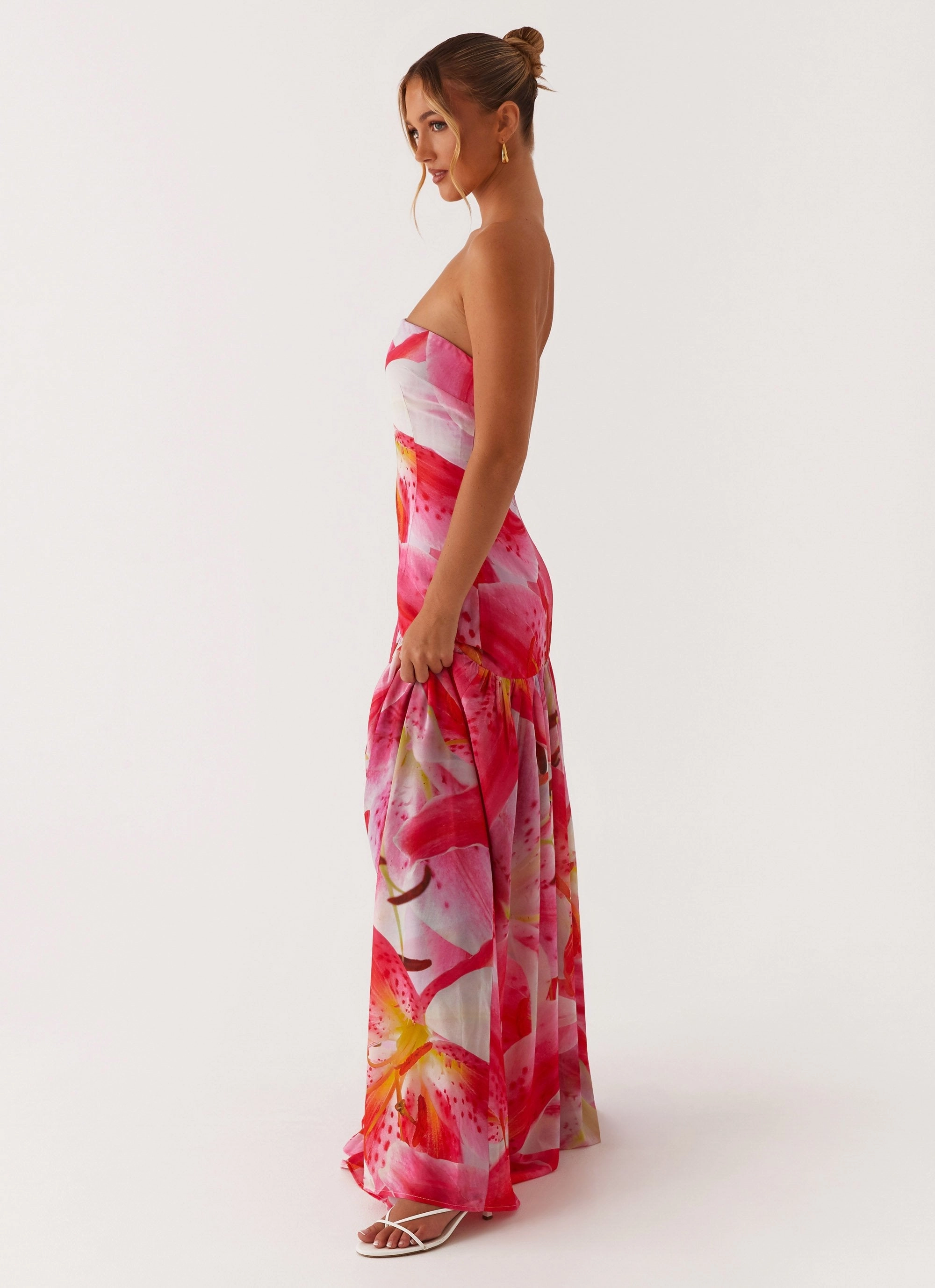 Satin-Finish Eden Strapless Maxi Dress - White Pink Lilly