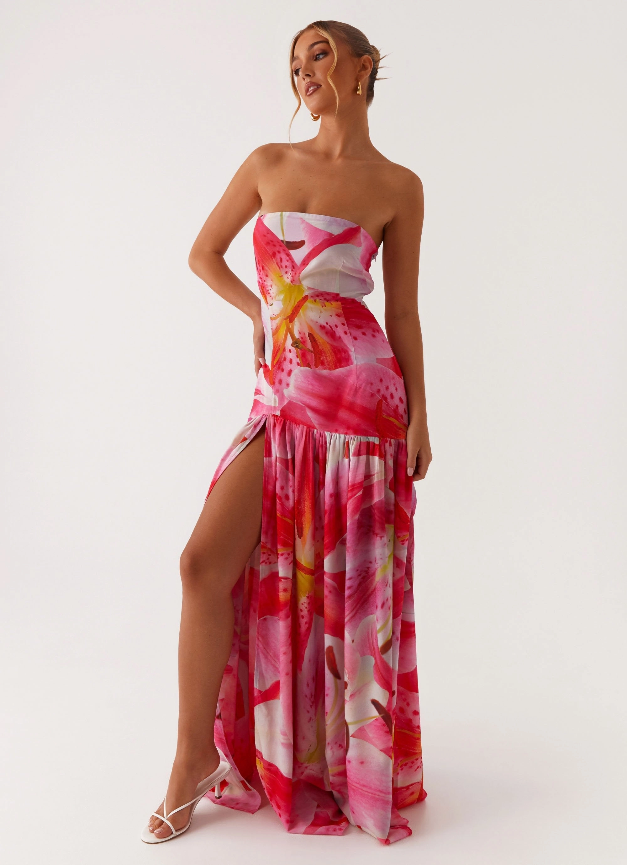 Simple Texture Eden Strapless Maxi Dress - White Pink Lilly