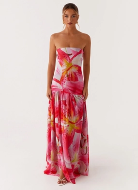 Anti-bacterial Ruffle-Detail Eden Strapless Maxi Dress - White Pink Lilly