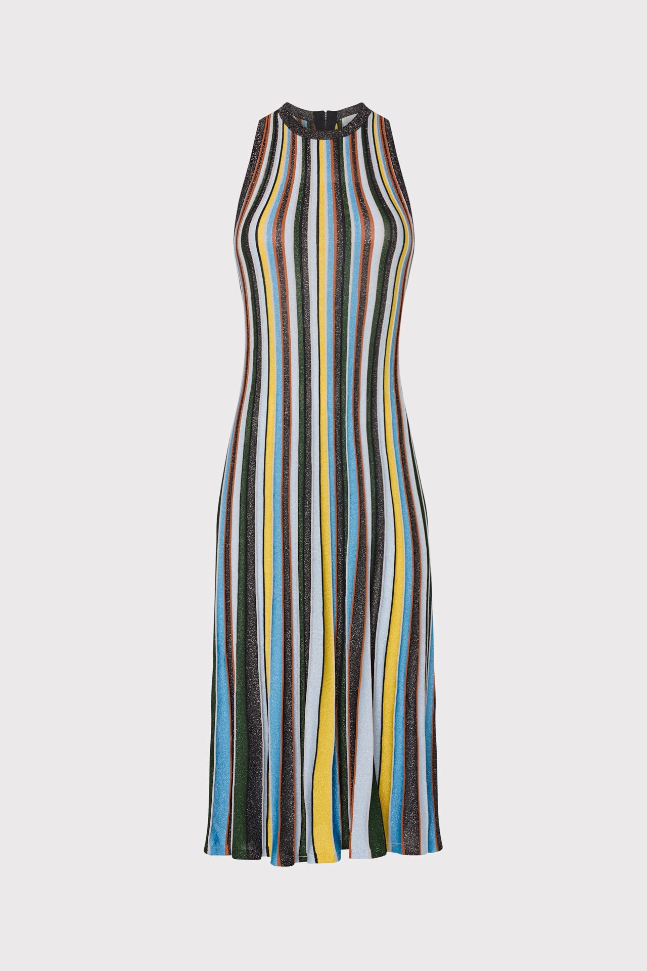 Bold Statement Soft color Multi Stripe Halter Knit Midi Dress