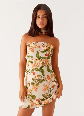 Edwina Strapless Mini Dress - Floral Print Twist Front Design Low Rise