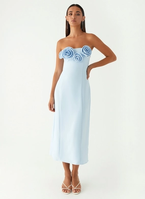 Patsie Strapless Midi Dress - Blue Built-In-Slip Linen Vibe