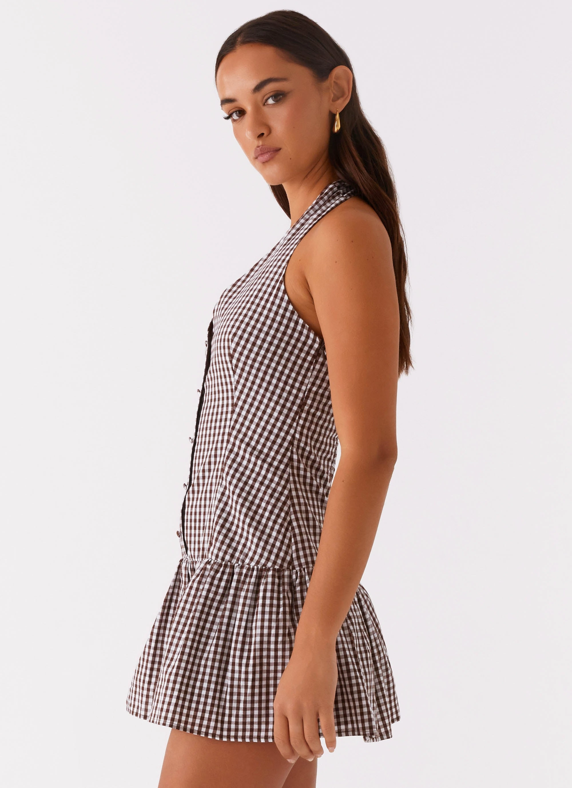Light Mood Light Wear New Look Shirred Halter Mini Dress - Chocolate Gingham