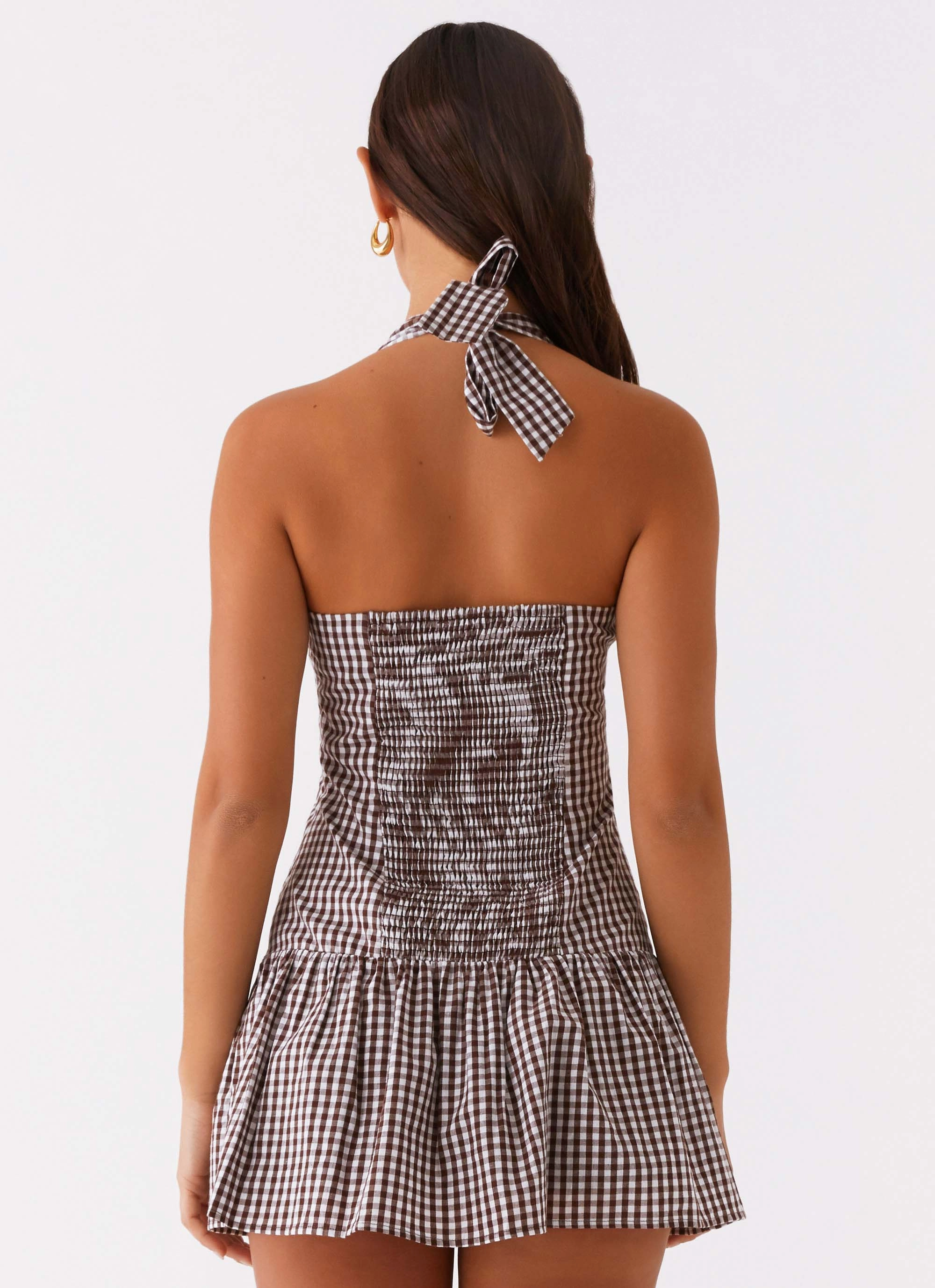 New Look Shirred Halter Mini Dress - Chocolate Gingham Water resistant coating Scalloped Edge