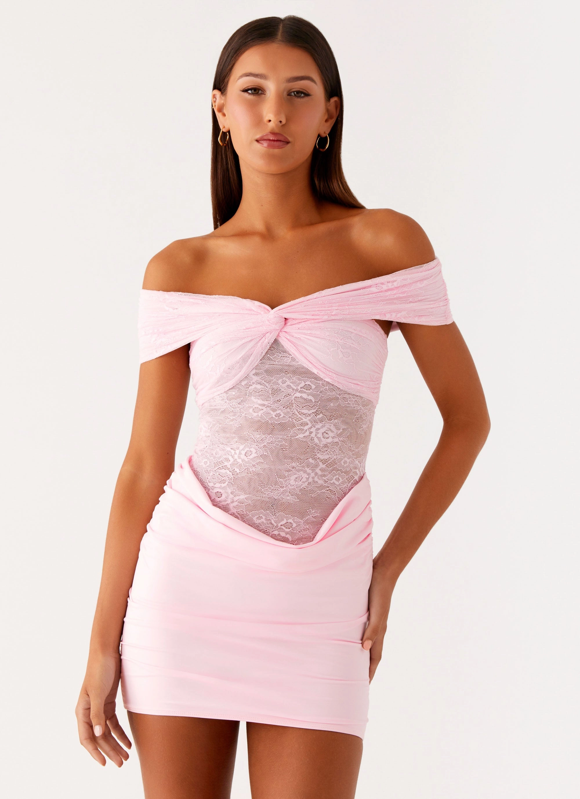 Ruffle Hem Either Way Off Shoulder Mini Dress - Baby Pink