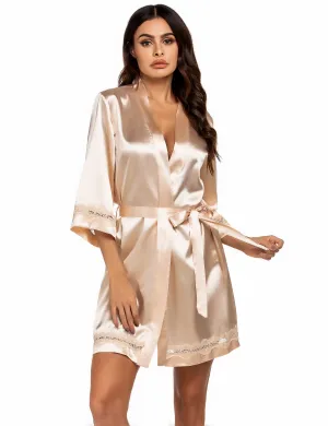Ekouaer 3/4 Sleeve Lace-Trim Satin Robe (US Only)