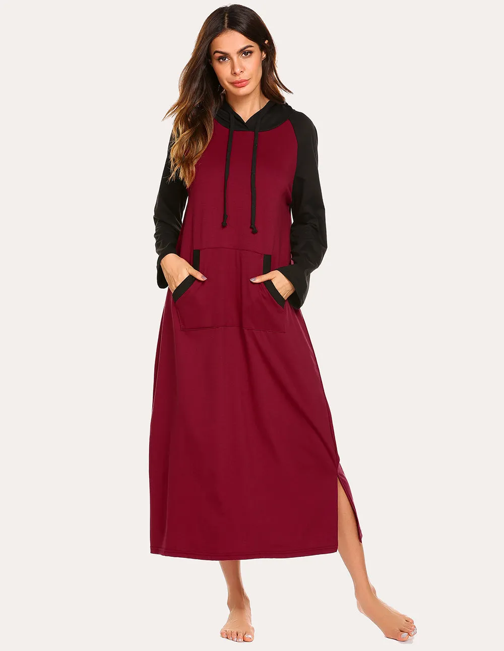 Ekouaer Contrast Color Hooded Nightdress (US Only)