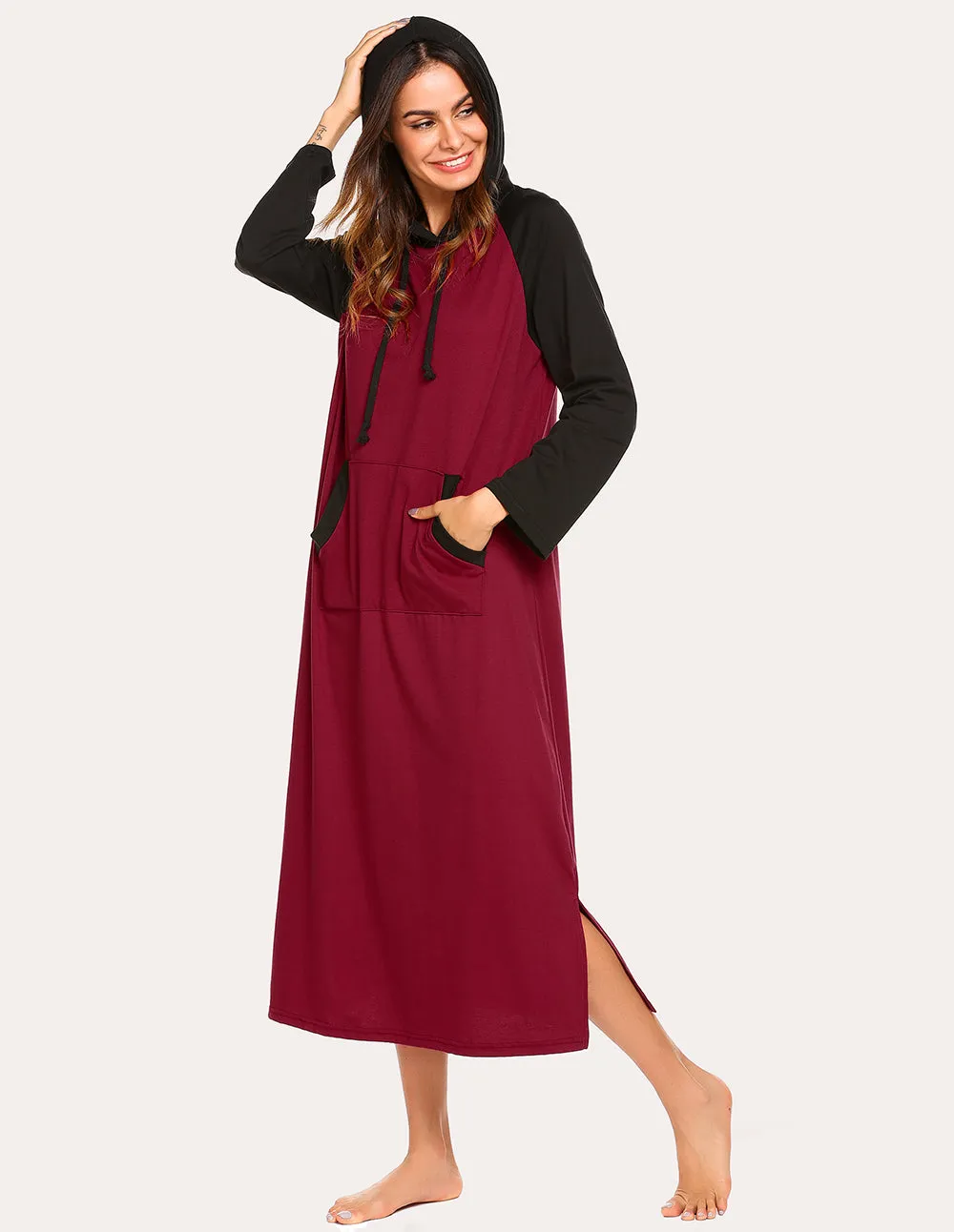Ekouaer Contrast Color Hooded Nightdress (US Only)
