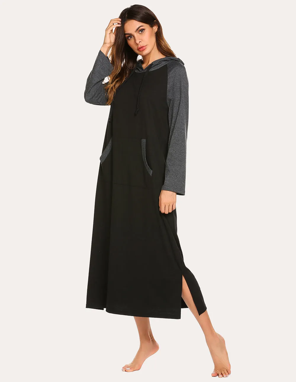Ekouaer Contrast Color Hooded Nightdress (US Only)
