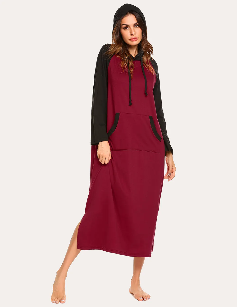 Ekouaer Contrast Color Hooded Nightdress (US Only)