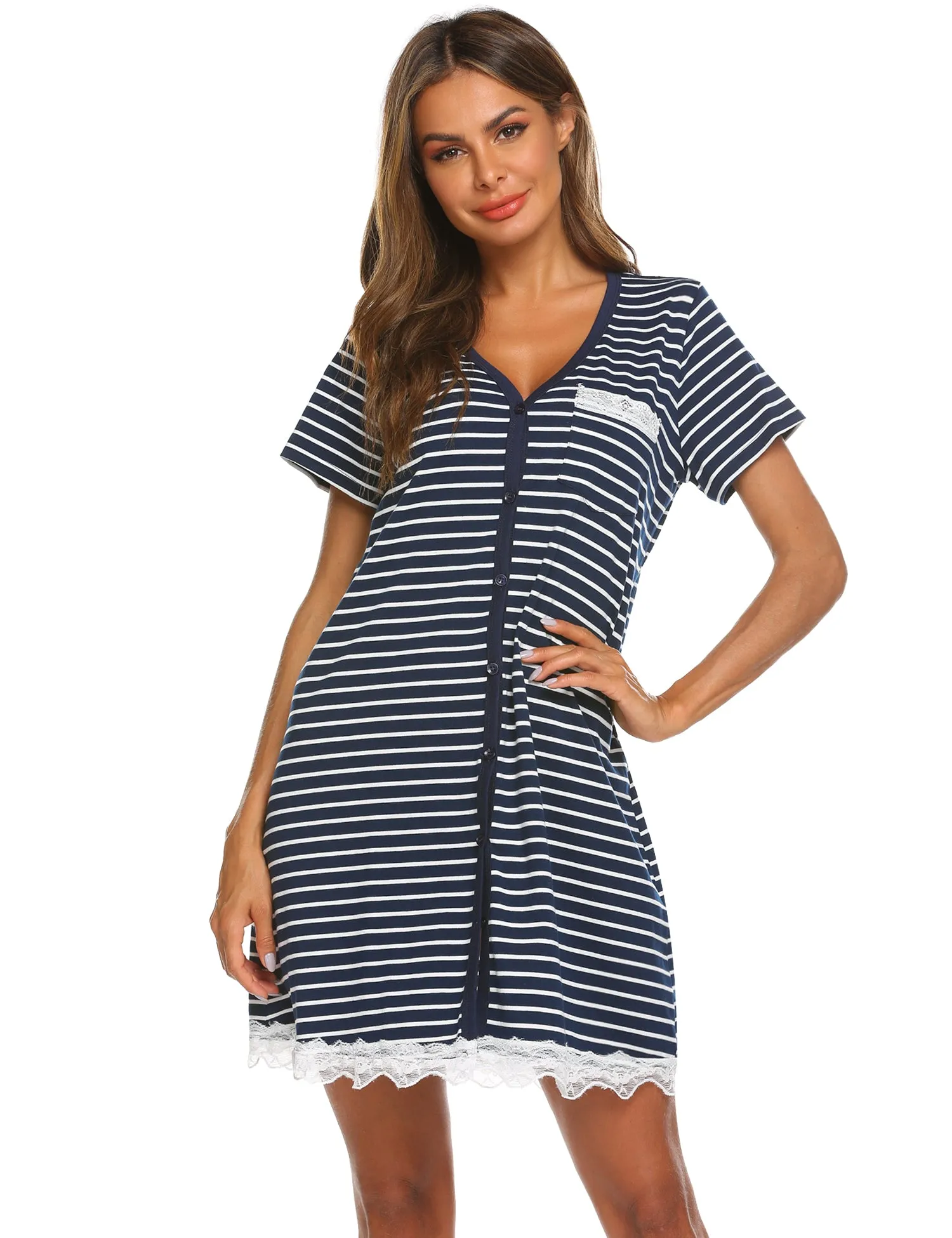 Ekouaer Contrast Color Striped Loose Nightdress (US Only)