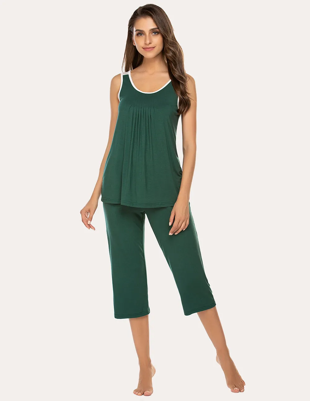 Ekouaer Moisture Wicking Pleated Tank Capri Pajamas Set (US Only)