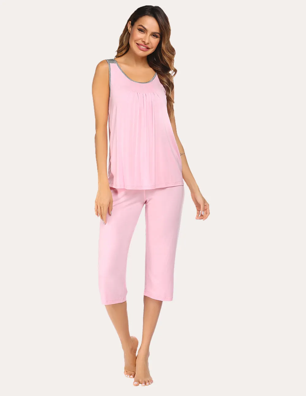 Ekouaer Moisture Wicking Pleated Tank Capri Pajamas Set (US Only)