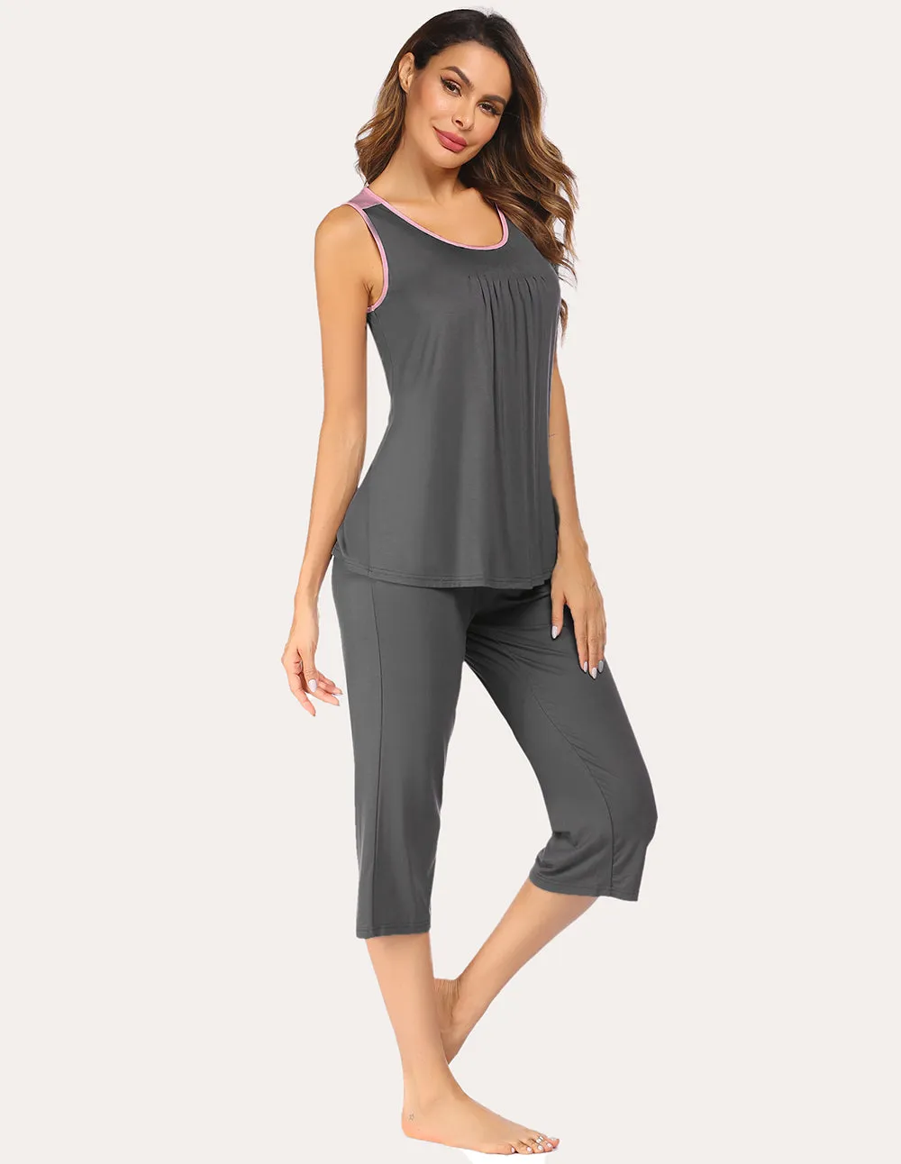 Ekouaer Moisture Wicking Pleated Tank Capri Pajamas Set (US Only)