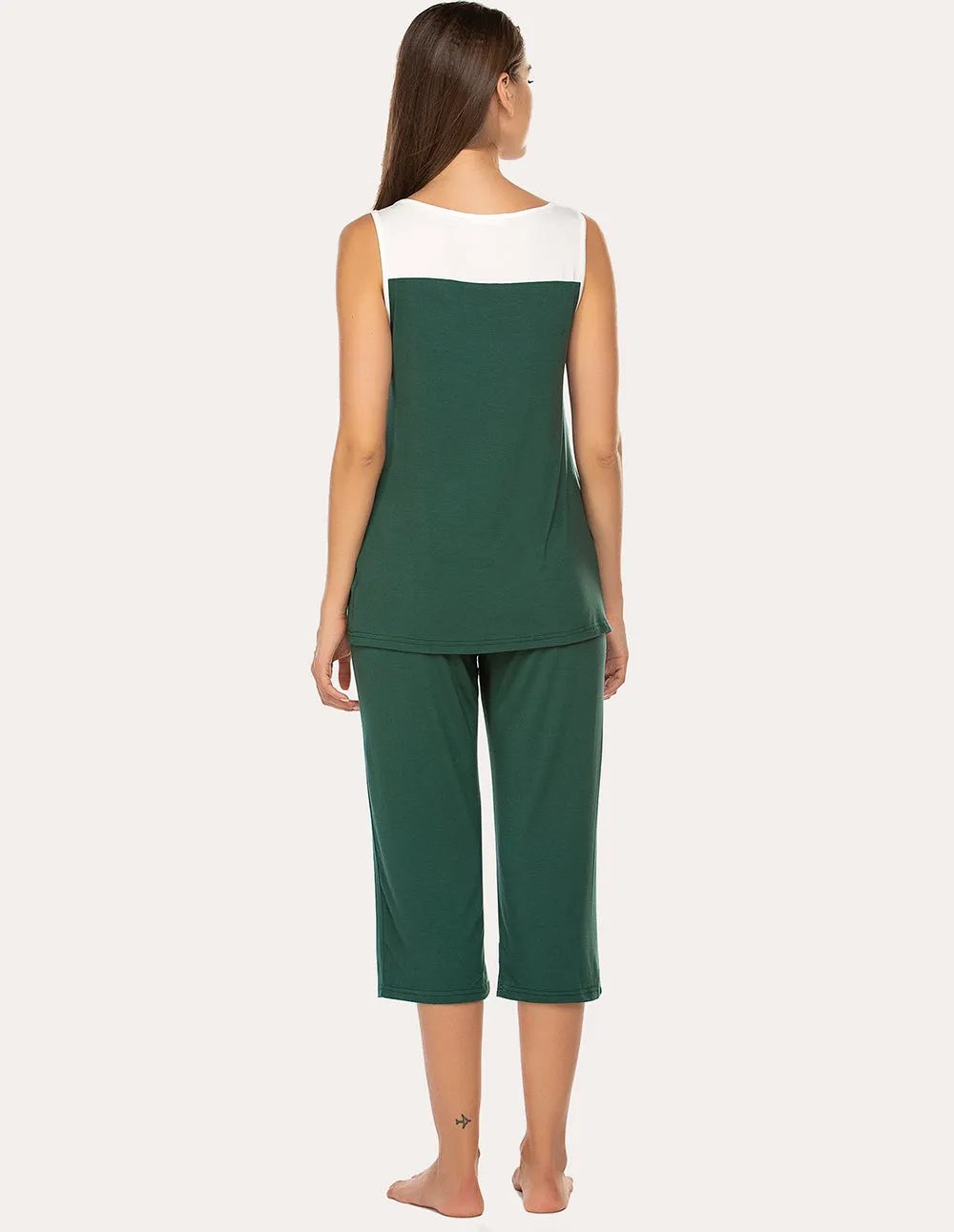 Ekouaer Moisture Wicking Pleated Tank Capri Pajamas Set (US Only)