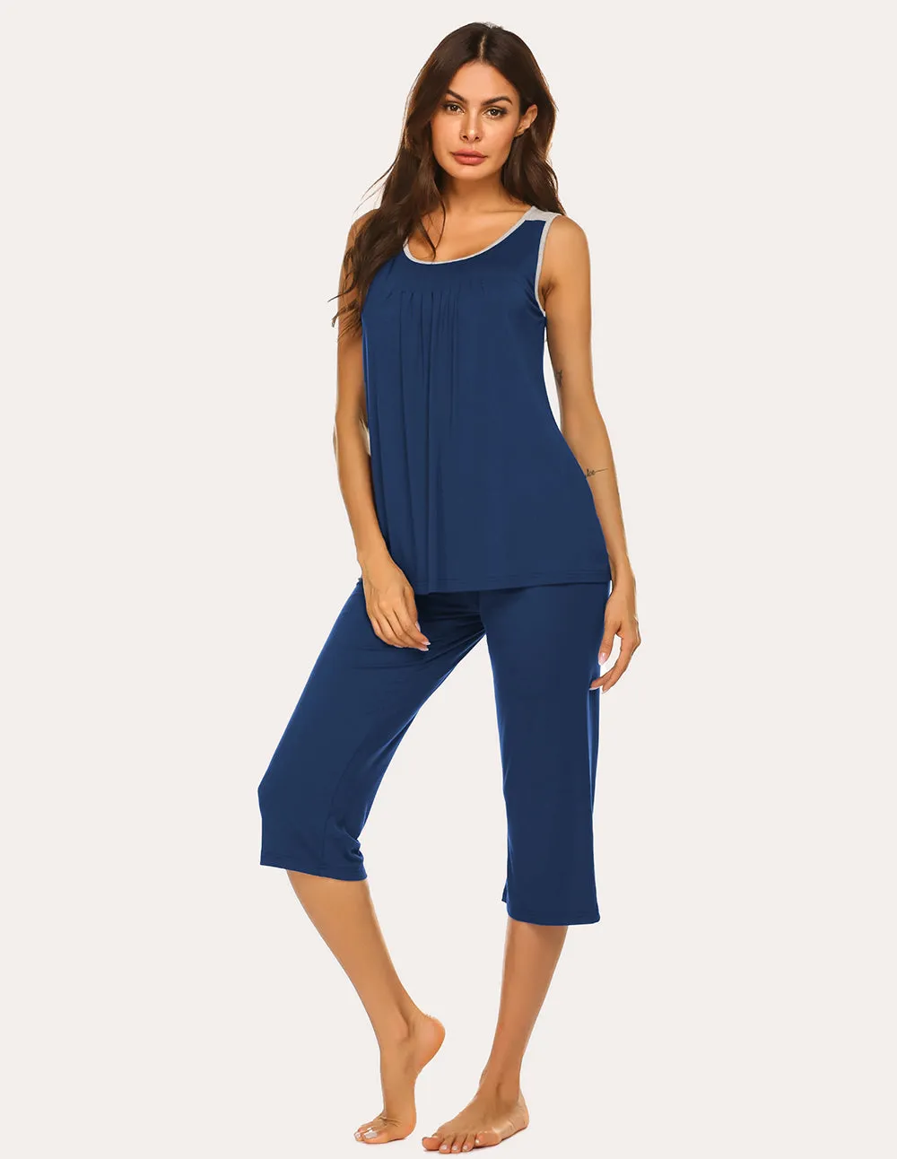 Ekouaer Moisture Wicking Pleated Tank Capri Pajamas Set (US Only)