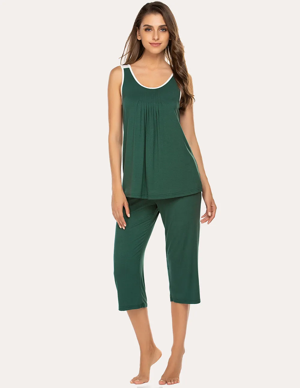 Ekouaer Moisture Wicking Pleated Tank Capri Pajamas Set (US Only)