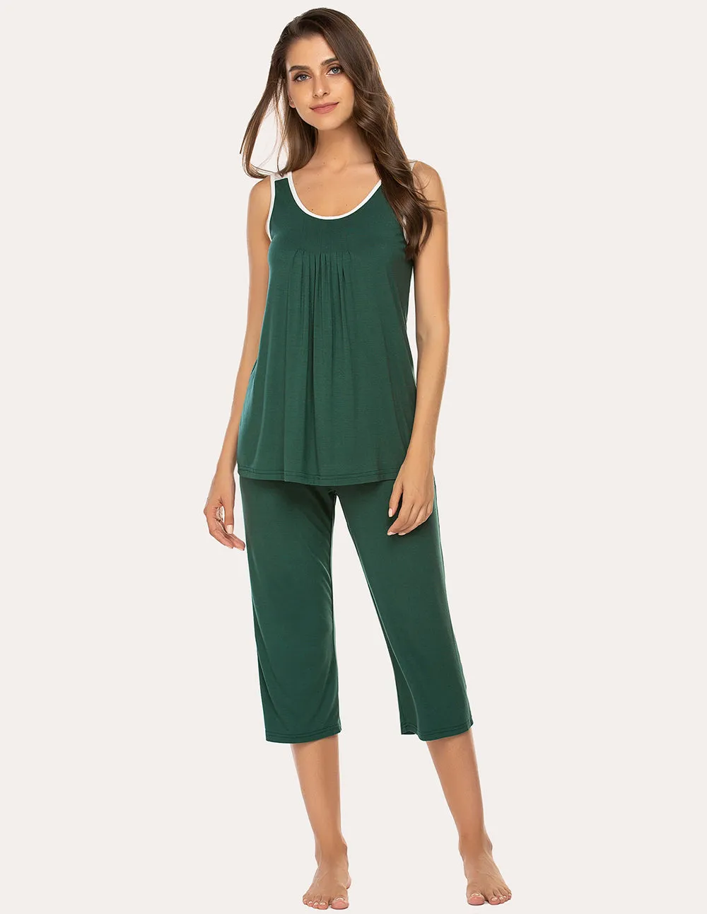 Ekouaer Moisture Wicking Pleated Tank Capri Pajamas Set (US Only)