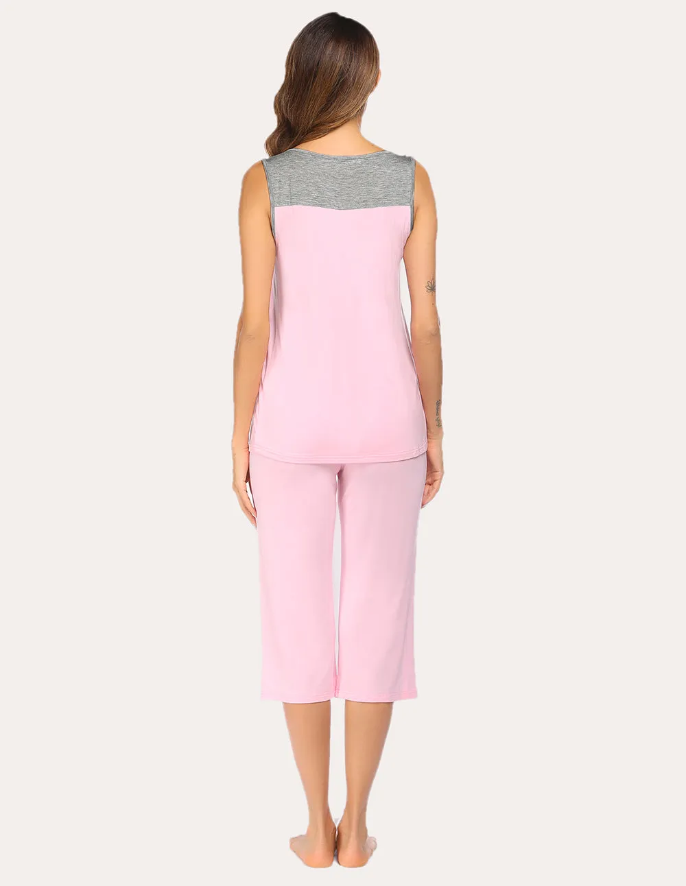 Ekouaer Moisture Wicking Pleated Tank Capri Pajamas Set (US Only)