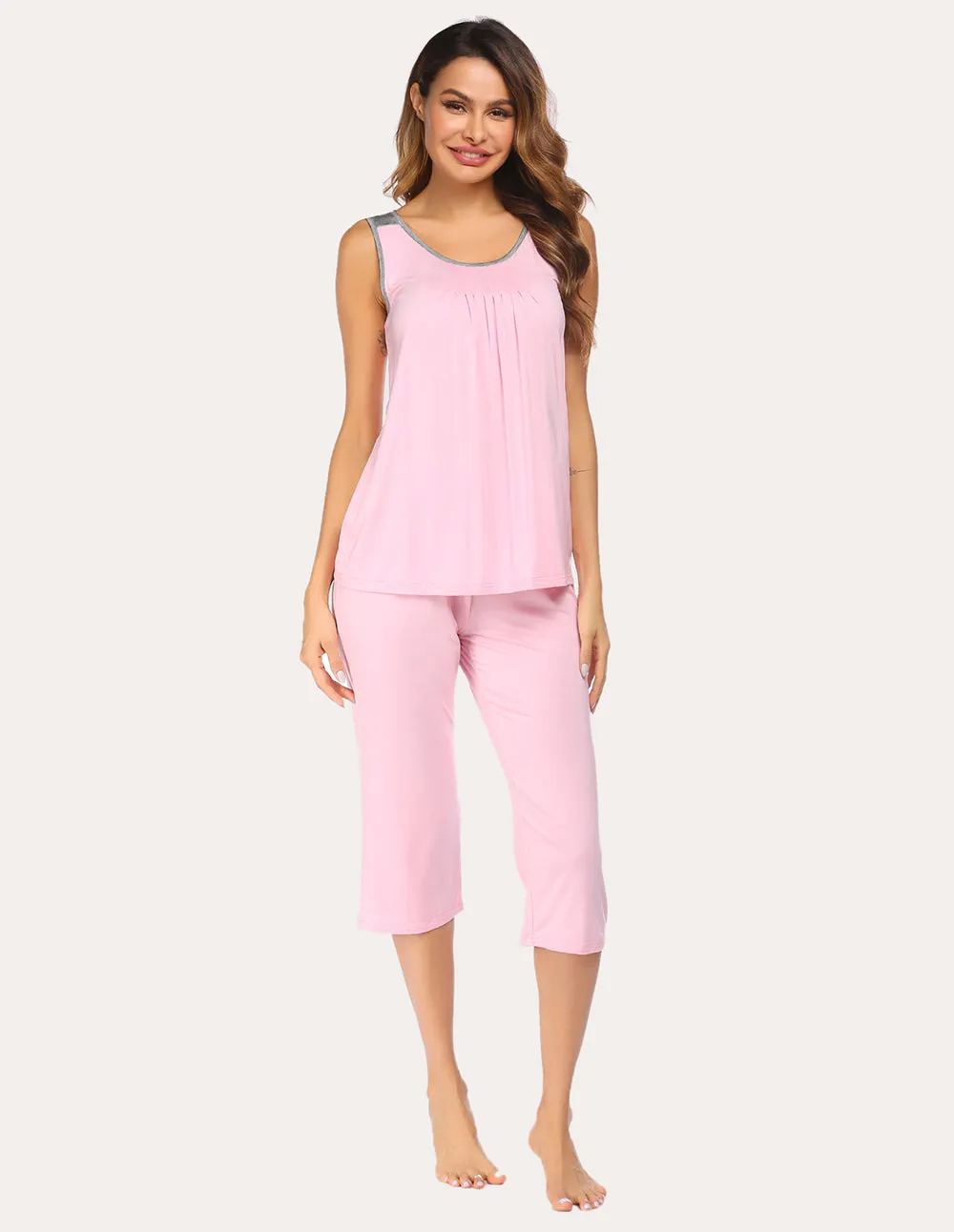 Ekouaer Moisture Wicking Pleated Tank Capri Pajamas Set (US Only)