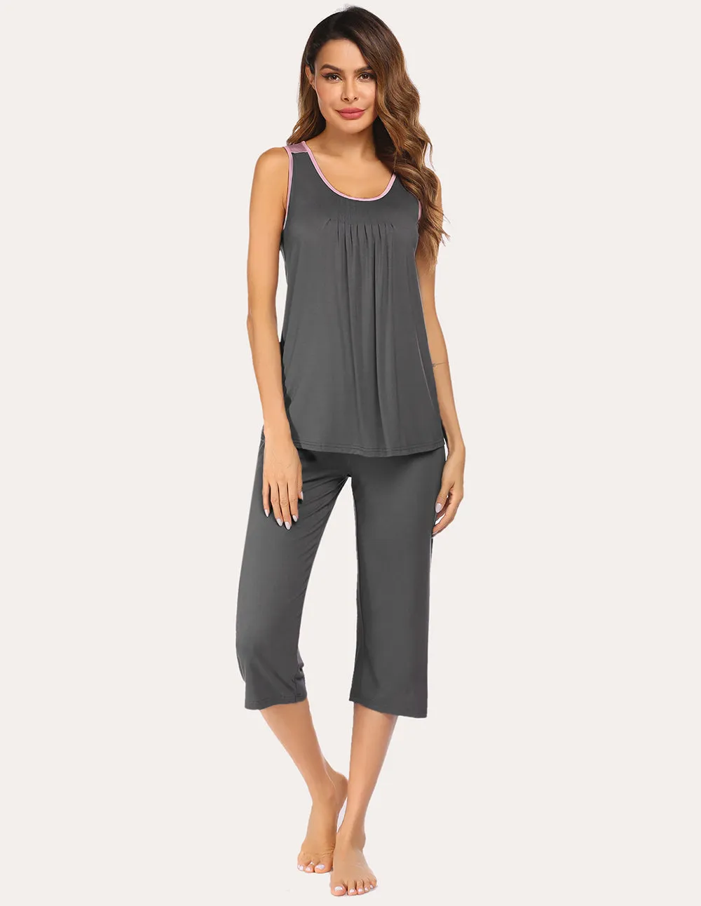 Ekouaer Moisture Wicking Pleated Tank Capri Pajamas Set (US Only)