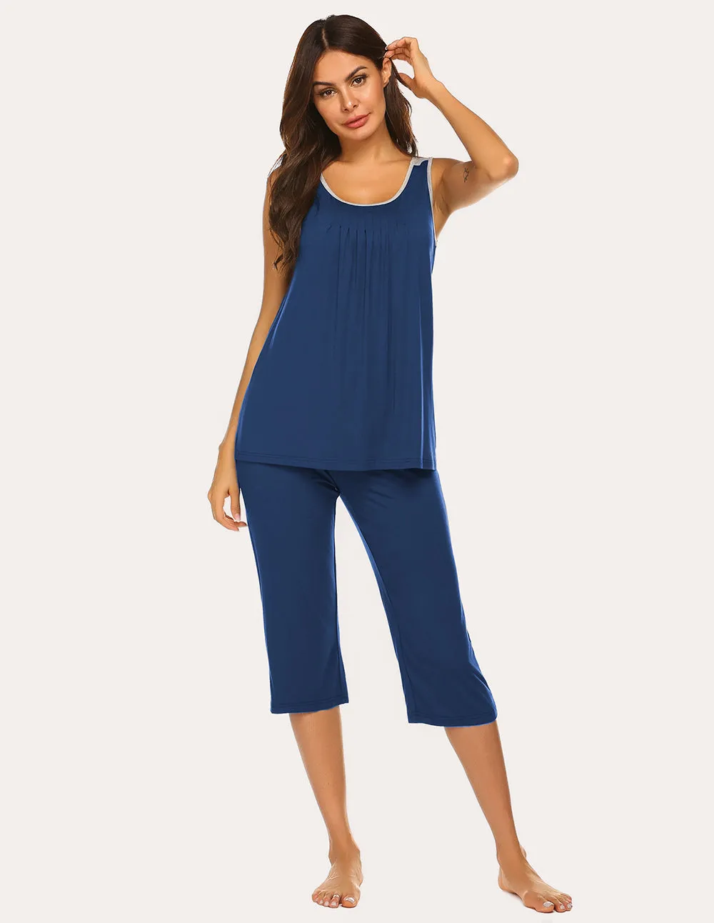 Ekouaer Moisture Wicking Pleated Tank Capri Pajamas Set (US Only)