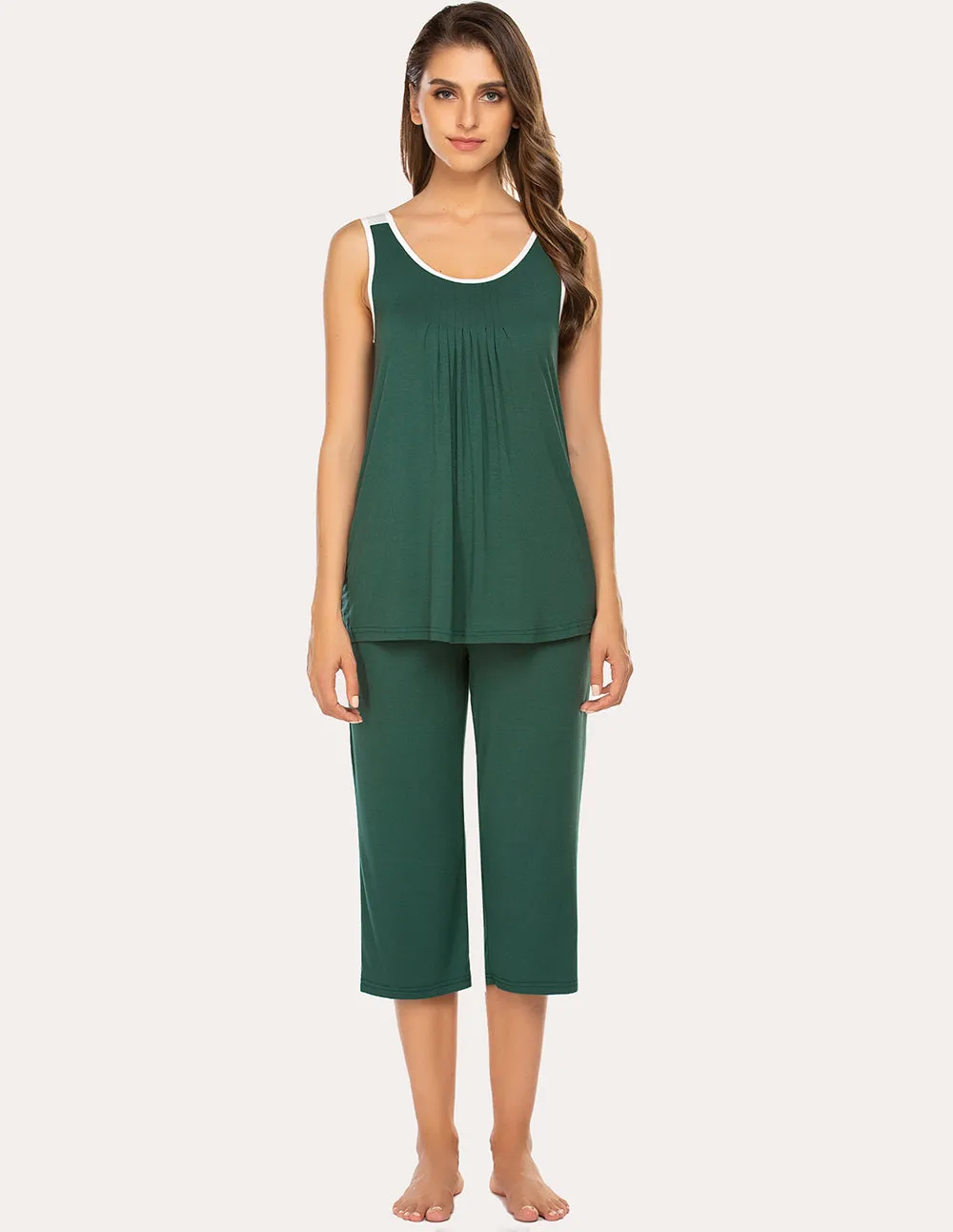 Ekouaer Moisture Wicking Pleated Tank Capri Pajamas Set (US Only)