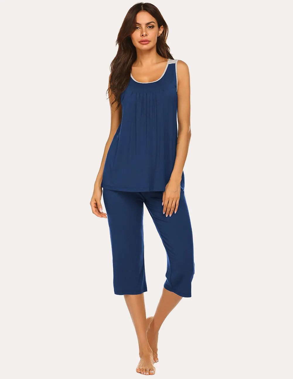 Ekouaer Moisture Wicking Pleated Tank Capri Pajamas Set (US Only)