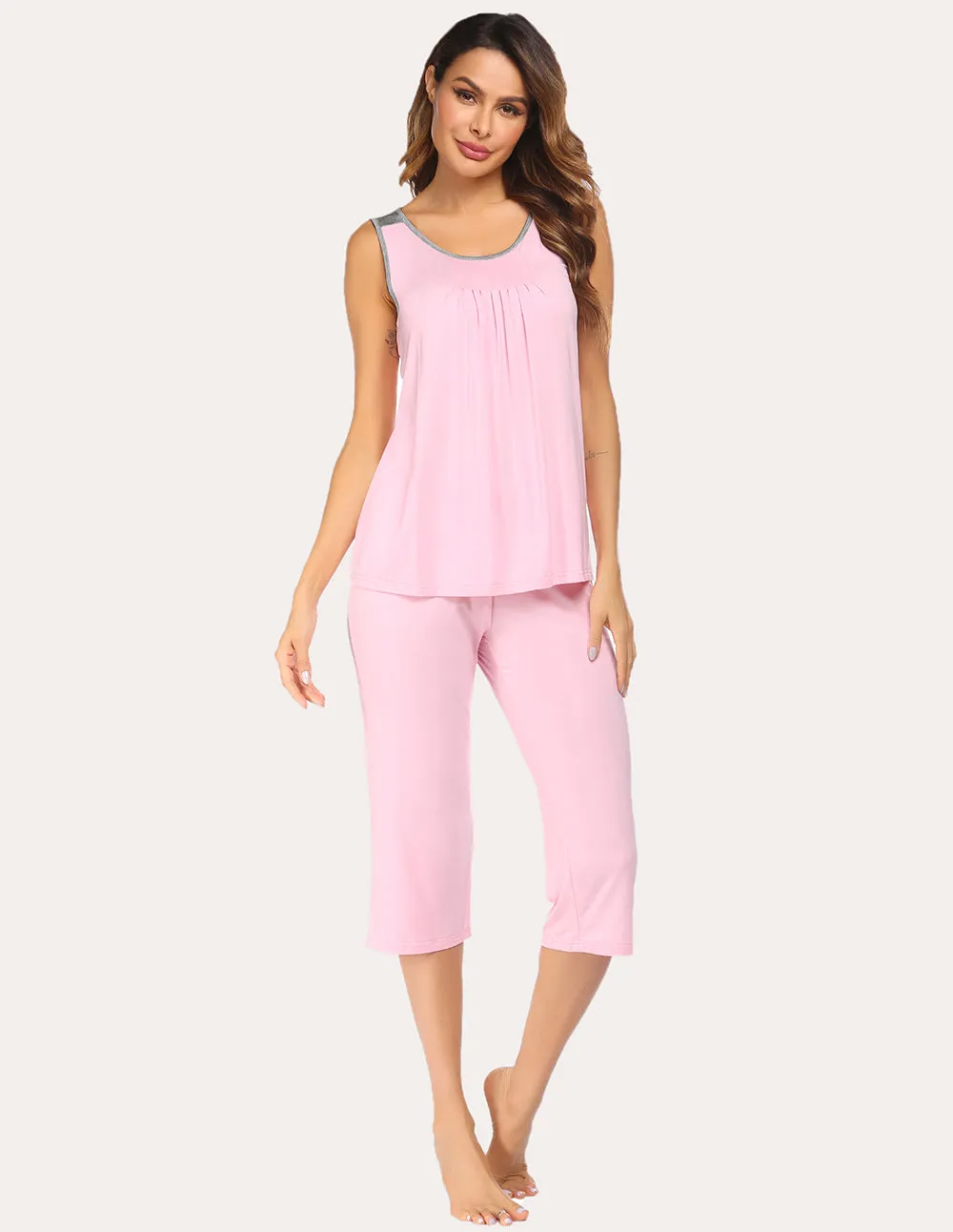 Ekouaer Moisture Wicking Pleated Tank Capri Pajamas Set (US Only)