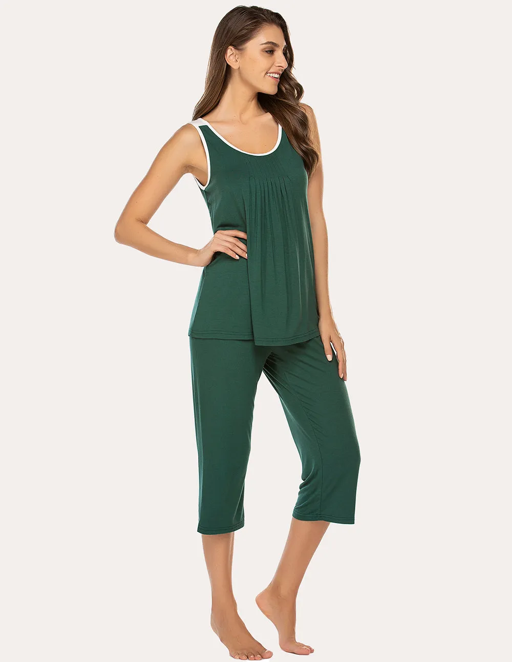 Ekouaer Moisture Wicking Pleated Tank Capri Pajamas Set (US Only)