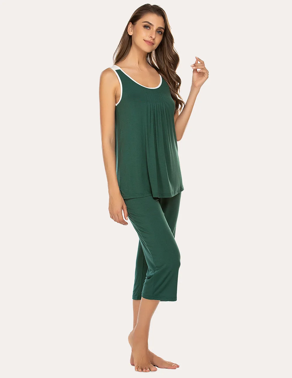Ekouaer Moisture Wicking Pleated Tank Capri Pajamas Set (US Only)